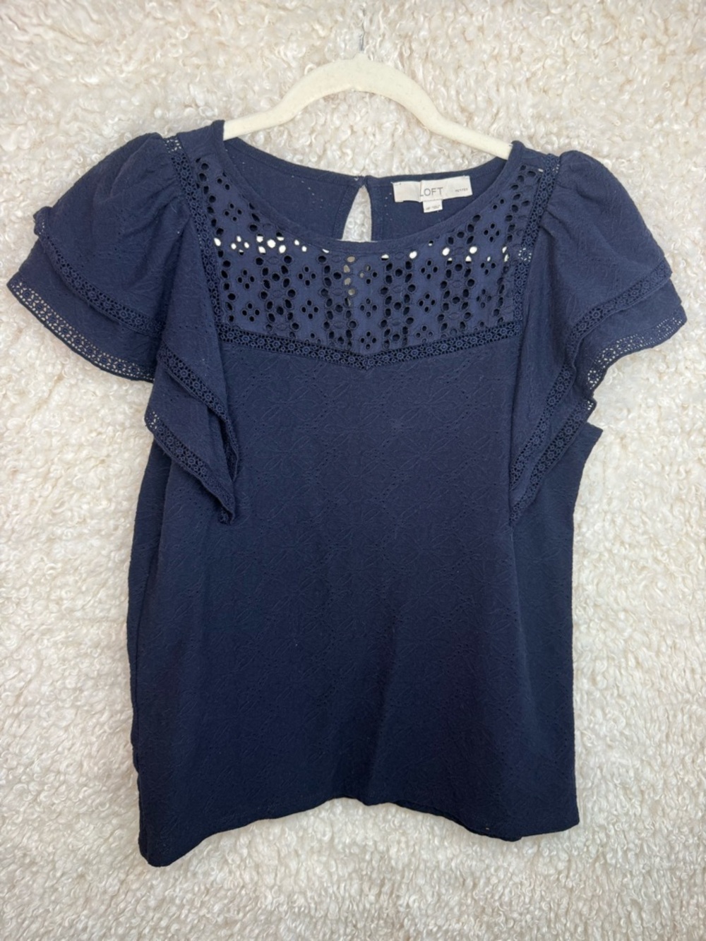 LOFT Navy Eyelet Yoke Ruffle Sleeve Blouse ✨💙 Feminine Chic Top